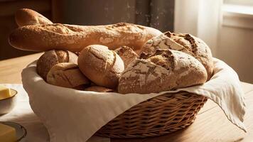 nyligen bakad hantverkare bröd, värma och vresig, visas i en rustik korg- korg på en trä- tabell. gyllene baguetter och mjöldammad bröd skapa ett inbjudande, tröstande scen video