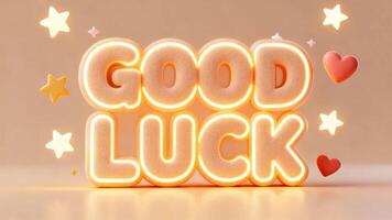 Three dimensional rendering of illuminated plush text wishing fortune video