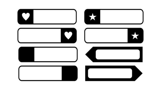 Set of 8 black and white web buttons and banners. Collection of UI elements with heart, star, arrow, and blank copy space. illustration. vector