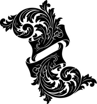 An ornate black and white design with scrolling leaves and a central banner element vector