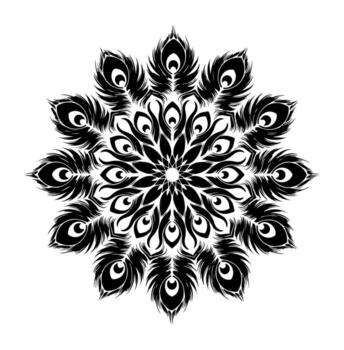 Symmetrical black and white design of peacock feathers arranged in a circular pattern vector