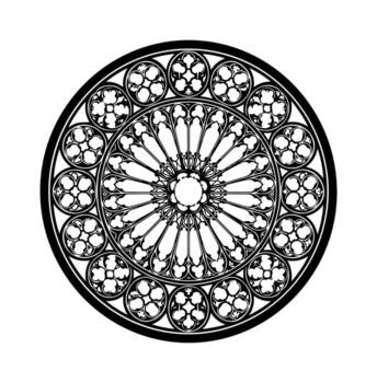 A black and white rose window design, circular and symmetrical vector