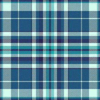 Pixelated tartan pattern in cool blues and greens. Perfect for textile design, backgrounds, or retrothemed projects needing a classic yet modern feel. vector