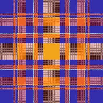 Vibrant pixelated tartan pattern in orange and blue. A classic, yet modern textile design. Ideal for backgrounds, fashion, or graphic projects. Versatile texture. vector