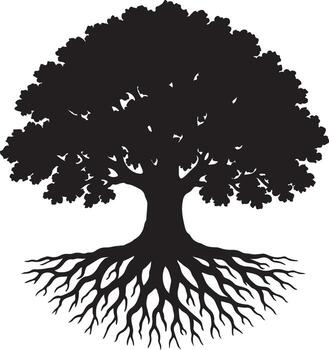 Black silhouette of a large tree with extensive roots on a white background graphic vector