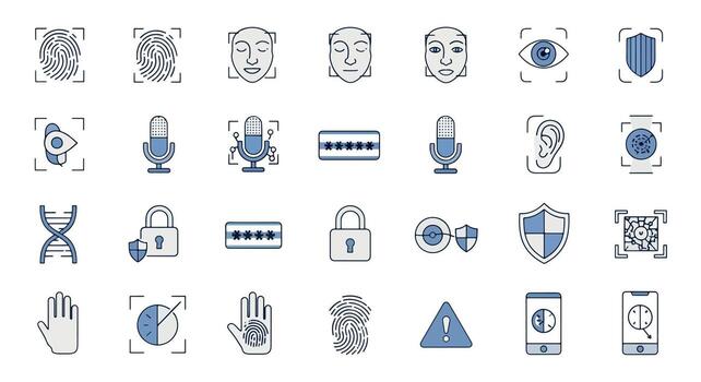 Biometric Authentication Icons - Fingerprint, Face, Voice, and More. vector