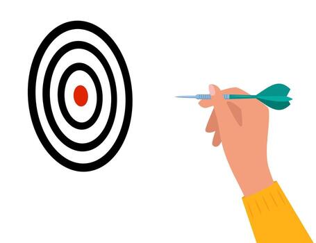 Human hand with tool for playing darts. Dart throw as symbol of success, goal achievement. Hand holding throwing dart with sharp tip. illustration. vector