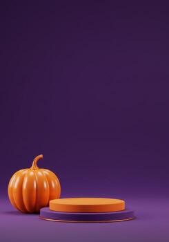 Vertical 3D product display with orange podium and pumpkin on a deep purple background photo