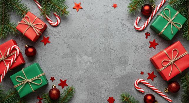 Christmas flat lay border with red and green gifts, candy canes, and fir on a gray background photo