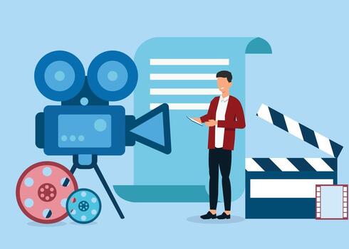 The Presenter is recording in front of the camera. Stock Illustration vector