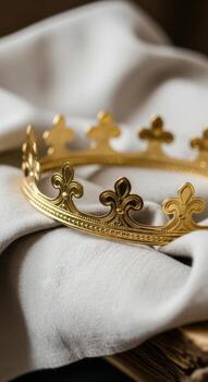 Detailed close-up of a golden fleur-de-lis crown resting on draped white fabric with soft, elegant lighting photo