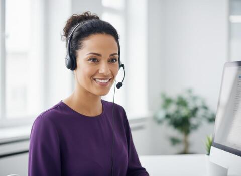 Dedicated call center agent working on her computer while smiling at a customer through her headset photo
