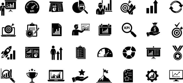 kpi key performance indicator icons illustration set, business analytics management vector