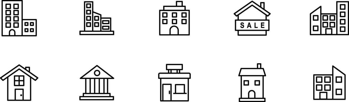 Minimalist city building line icon set showing modern architecture, urban skyline, and public structures in clean linear style vector