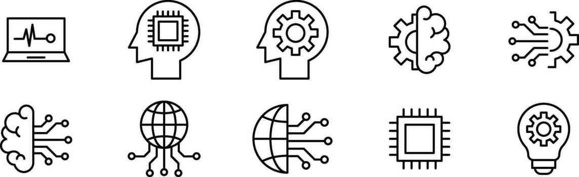 Technology and artificial intelligence line icons featuring modern digital innovation concept, circuit brain, automation, and neural network in clean outline style vector