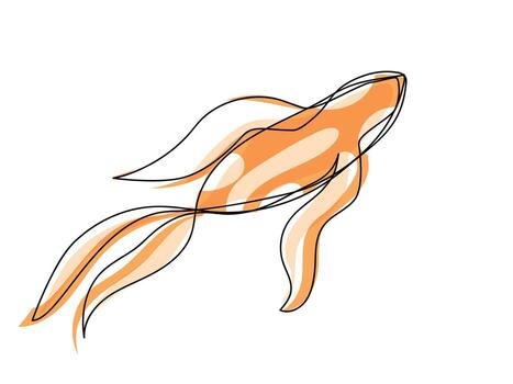 Horizontal background of carp koi in continuous single line style. Floral and abstract elements. One line drawing illustration vector