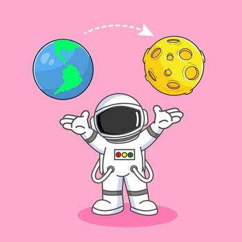 A cute astronaut raising both hands, showing the Earth and the Moon in outer space Vectors Illustration Cartoon Design