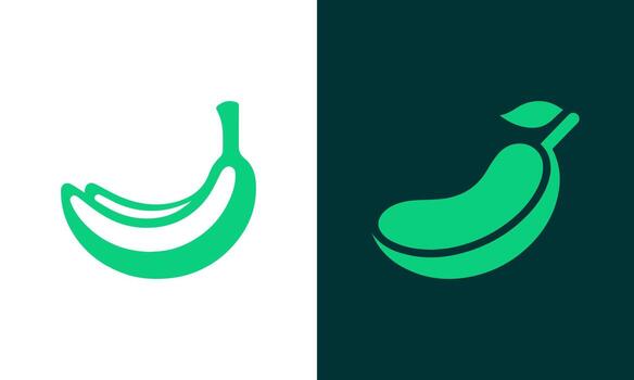 Two stylized green banana icons displayed side by side on a split white and dark background vector