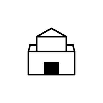 Minimalist architectural outline featuring a two-story building facade with apex roof showcasing vector