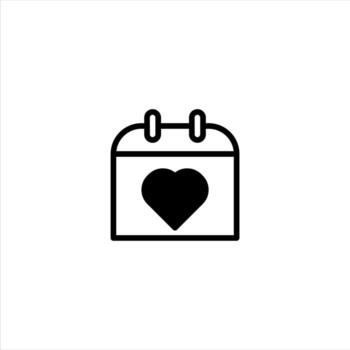 Simple black calendar icon displaying heart symbol representing a special date of affection in mind vector