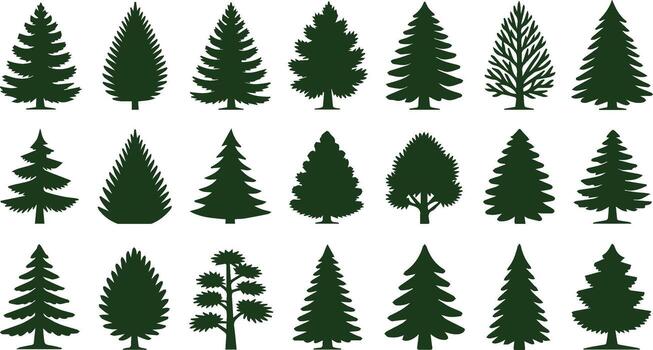 Assorted Evergreen Tree Silhouettes Collection of Different Conifer Tree Illustrations, Dark Green Shade vector