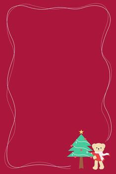 white Curve Frame on red background with Cute Teddy Bear and Christmas Tree vector