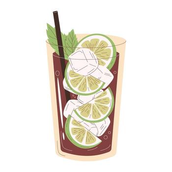 Classic Cuba Libre illustration. Rum and cola highball cocktail with lime slices, ice cubes, mint leaves, served with a straw in a modern hand drawn flat style, perfect for menu vector