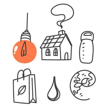 un conjunto de íconos ese incluir un casa, un ligero bulbo, un árbol, un bolsa, vector