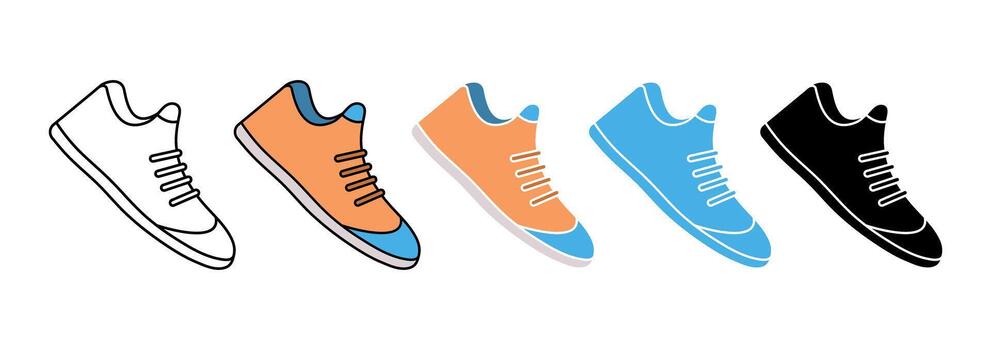 corriendo Zapatos icono conjunto en diferente línea, glifo y vistoso estilo ilustración vector