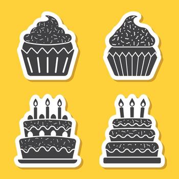 Four different types of cupcakes on a yellow background vector