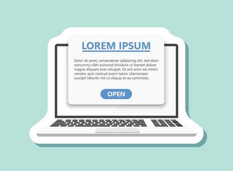 ordenador portátil abierto con texto caja en pantalla, plano diseño ilustración vector