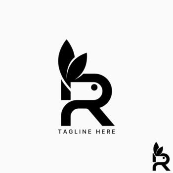 initial R font with rabbit head with 2 ears bunny funny pet mascot vector