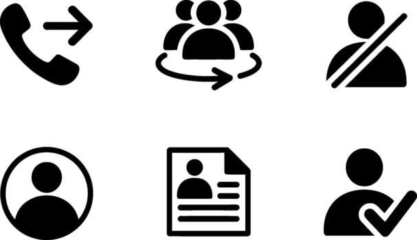 Solid glyph icons set featuring user management, human resources, identity verification, customer contact, and communication interface symbols for web and app design. vector