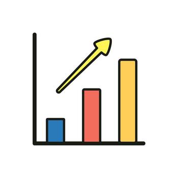 Flat design analytics chart with colorful bars and rising arrow on white background for data visualization vector