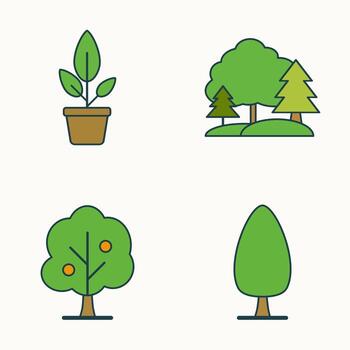 Flat Style Icons of Nature Elements Showing Different Trees, Small Plants, Fruit Tree, and Forest Landscape vector