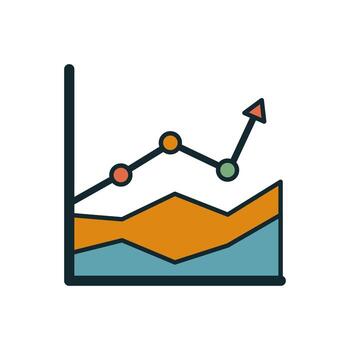 Dynamic data visualization icon showing a multicolored filled chart and rising arrow, symbolizing metrics progression and strategic insights vector