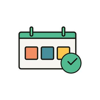Stylized calendar interface with vibrant date squares and a success checkmark, symbolizing timeline validation, booking success, or goal achievement vector