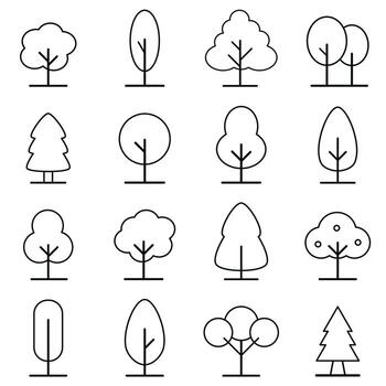 Set of Simple Tree Silhouettes with Elegant Black Contours Ideal for Environmental Branding, Forest Illustrations, and Wireframe Concepts vector