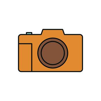 Stylized Flat Camera Icon in Orange with Prominent Central Brown Lens, Thin Black Outlines, and a Cyan Accent Button Symmetrical Layout on White Background vector