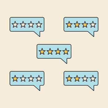 Flat illustration of multiple speech bubbles containing 1- to 4-star ratings, representing customer feedback, reviews, or product evaluations vector