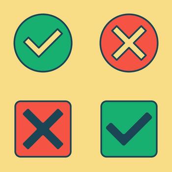 Modern Flat Style Confirmation and Rejection Icons with Bold Outlines and Soft Background Colors vector