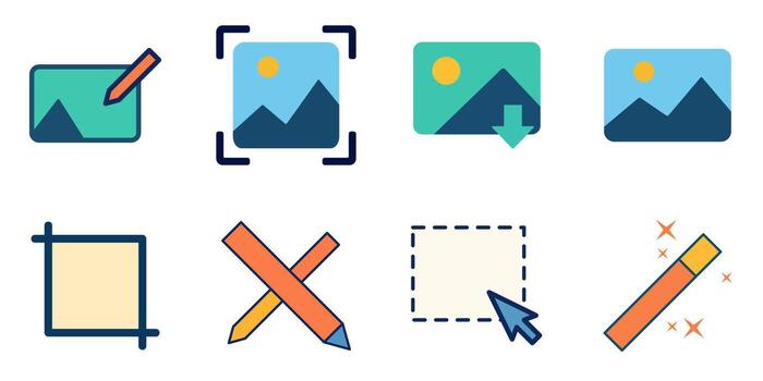 Illustration of visual design tool icons including magic wand, image crop, pencil edit, and snapshot utilities in a modern flat style vector
