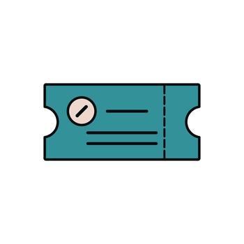Simplified Graphic Icon of a Movie or Event Ticket in Teal with Decorative Cutouts, Vertical Perforation, and Stylized Placeholder Lines Presented in Bold Outline Style vector