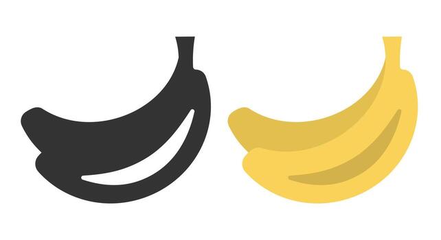 Two distinct line icons of bananas showcase a black version alongside a bright yellow one, perfect for illustrating fruit-themed projects or enhancing digital design. vector