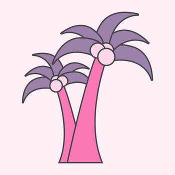 A cartoon style illustration depicts two vibrant palm trees with pink trunks, purple leaves, and round coconuts on a soft, pink background. The trees lean towards each other. vector