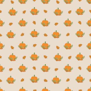 seamless pumpkin with leaves pattern background hand drawn for thanksgiving autumn fall ,wrapping paper and greeting card vector