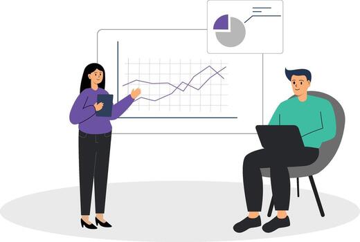 Modern Business Data Analysis Illustration, Teamwork Presentation with Charts, Graphs, and Laptop, Office Analytics and Marketing Report Concept vector
