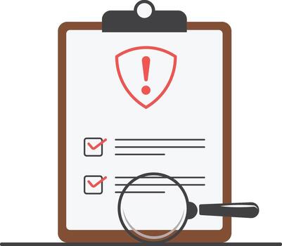 Document clipboard with danger shield and checklist magnifying glass concept illustration document audit security risk assessment compliance review vector
