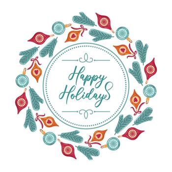 Circular frame formed by a Christmas tree ornament wreath, creating a festive border perfect for a illustration. Happy Holidays. vector