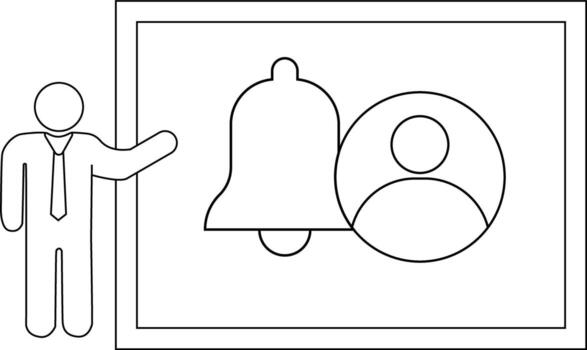 A stickfigure man presents a screen showing a bell and a person icon in a rectangular frame vector